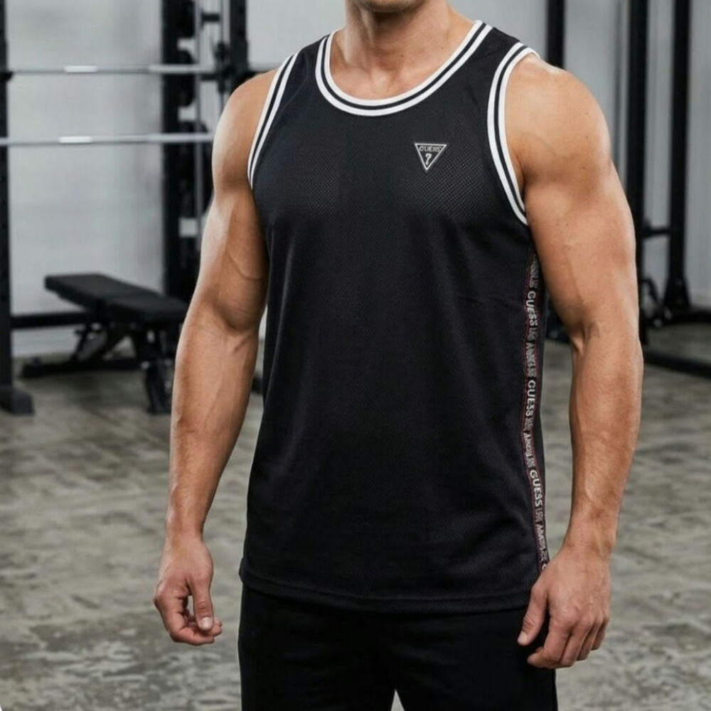 GUESS men's tank top mesh construction gym casual white trim Medium black